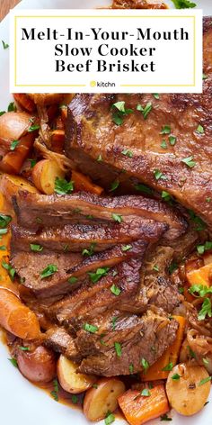 meat and potatoes on a white plate with the words melt in your mouth slow cooker beef