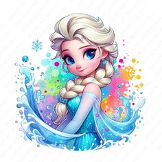 the frozen princess with blue hair and braids is standing in front of colorful bubbles