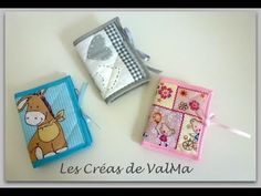 three small wallets sitting next to each other on top of a white table with the words les crea de valma written in french