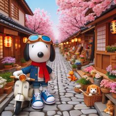 a cartoon dog with sunglasses on standing next to a scooter and some flowers