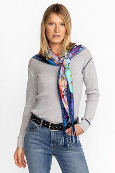 Made from liquid-like silk, the Stallion Scarf calls to mind pretty floral gardens. The perfect finishing touch to both daytime and evening looks, this scarf features tassels on the corners and a block pattern comprising elegant blooms. Wear this scarf with soft tailoring or pair with a bias-cut dress for a feminine look. Women's Stallion Scarf by Johnny Was, Silk, Floral Scarf Styling, Maple Dress, Soft Tailoring, Bias Cut Dress, Velvet Clothes, Boho Chic Dress, Cut Dress, Boho Chic Outfits, Women's Blouses