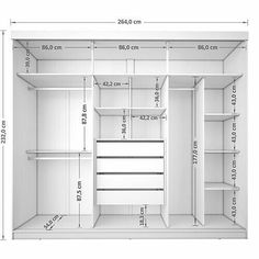 an open closet with measurements for the door and shelves on each side, including one shelf