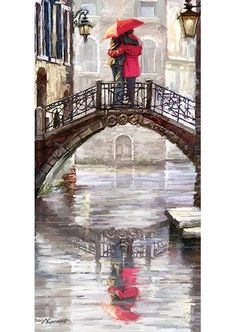 a painting of a man and woman under an umbrella on a bridge over a river