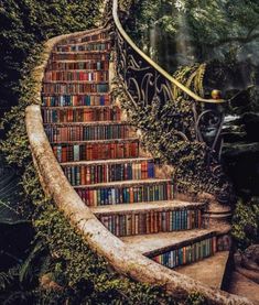 a staircase made out of books is surrounded by greenery and trees in the background