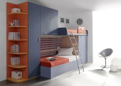 an orange and blue bunk bed in a white room