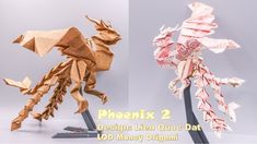 two different types of origami paper sculptures, one with an insect and the other with