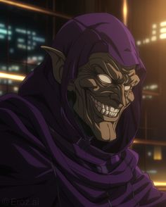 an evil looking man in a purple cloak with his mouth open and eyes wide open