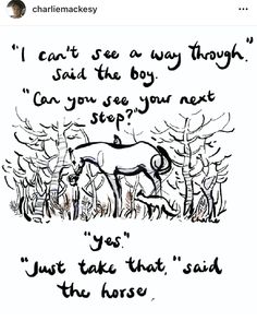 a drawing of a horse in the middle of a field with words written on it