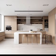 the kitchen is clean and ready to be used for cooking or eating, with stools around the island