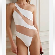 New Without Tag Fashion-Forward One-Piece Swimsuit With Mesh Insert And One-Shoulder Silhouette. Asymmetric Neckline One-Shoulder Pull-On Style Mesh Insert Nylon/Spandex Hand Wash Imported Norma Kamali Swimwear, Mesh Swimsuit, One Shoulder Swimsuit, Asymmetric Neckline, Norma Kamali, White Mesh, Cream White, White Tops, Bra Sizes