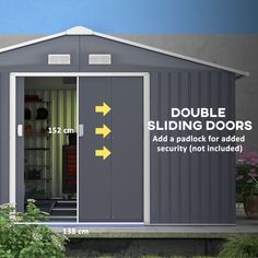 the side view of a shed with double sliding doors and an additional security not included