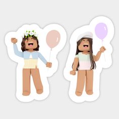 two stickers with people holding balloons and one has a flower crown on her head