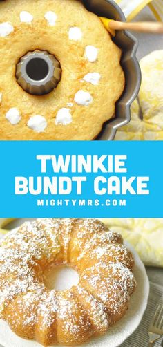 twinkie bundt cake with white powdered sugar on top and blue text overlay that reads, twinkie bundt cake