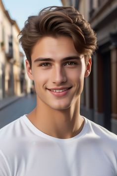 a young man is smiling and wearing a white t - shirt in front of a city street