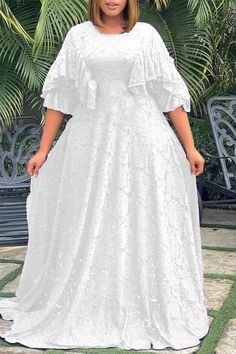 White Plus Size Casual Elegant Solid Lace Mesh O Neck A Line Plus Size Dresses(No Belt) Couture, Patchwork, A Line Plus Size, Bodycon Prom Dresses, White Plus Size, Plus Size White, A Line Maxi Dress, Stylish Jumpsuit, Dress Sleeve Styles