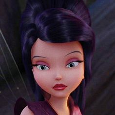 a close up of a cartoon character with purple hair and blue eyes wearing a dress