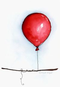 a drawing of a red balloon with a string attached to it and an arrow sticking out of the bottom