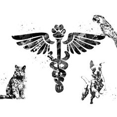 the cadus and two cats are depicted in this black and white illustration, which is part of a medical symbol