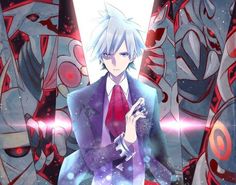 an anime character in a purple suit and red tie holding his hand up to the camera