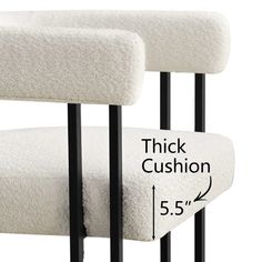 two white chairs with black metal legs and the measurements for each chair cushion are shown