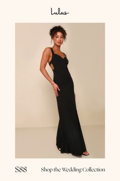 a woman in a long black dress with the words shop the wedding collection