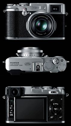 three different cameras side by side on a black background