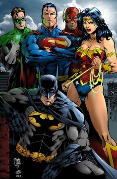 dc comics characters standing together in front of a cloudy sky