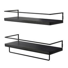 two black shelves with metal brackets on the top and bottom, one shelf is empty