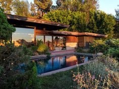 the house is surrounded by trees and bushes, with its own pool in the foreground