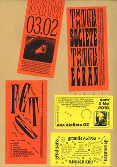 an orange and black concert poster with some type of information on the front, back and sides