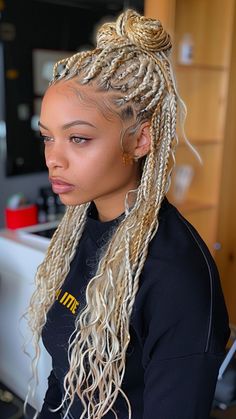 24 Goddess Braids for Fashion-forward Individuals Braids 2024 Trends, Platinum Goddess Braids, Blonde Braids On Light Skin Women, White Blonde Braids Black Women, Blonde Box Braids With Beads, White Goddess Braids, Black And Blonde Goddess Braids, Layered Goddess Braids, Goddess Faux Locs Blonde