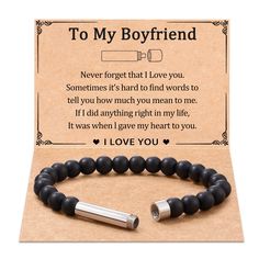 a black beaded bracelet that says to my boyfriend