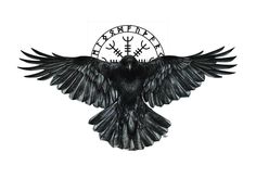 a black bird with its wings spread out in front of a white circle and compass on it's back