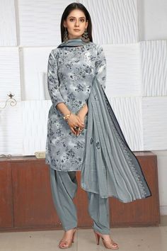 Grey Crepe Printed Patiala Suit £ 49 Grey Printed Fabric, Different Sleeves Style, Cast A Spell, Back Neck Designs