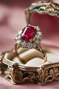 23 Best Ruby Engagement Rings - Vintage, Emerald Cut, Oval & More - Jewelry Material Guide Rose Shaped Engagement Ring, Engagement Rings Ruby, Ruby Wedding Ring Set, Oval Ruby Engagement Ring, Fairytale Engagement Rings, Ruby Jewelry Ring, Red Engagement Ring, Red Diamond Ring, Ruby Engagement Rings