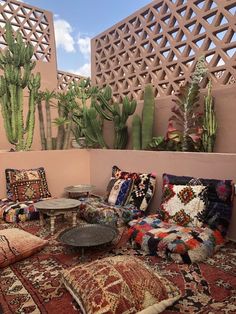 an outdoor seating area with pillows, rugs and cacti