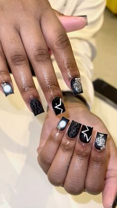 Charmed Acrylic Nails, Black Virgo Nails, Black Short Nails With Design, Long Black Nails With Design, Gel Nail Designs Y2k, Short Nails Y2k Square, Non French Tip Nails, Cute Extra Nails, Shorties Nails Black