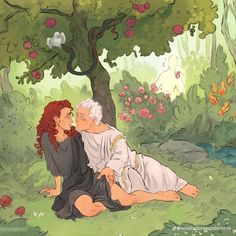 an image of a woman and man sitting in the grass under a tree with apples on it