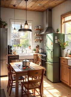 a kitchen filled with lots of wooden furniture next to a stove top oven and refrigerator