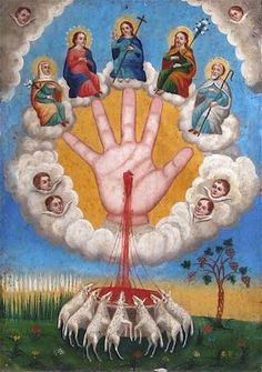 the hand is surrounded by angels and clouds