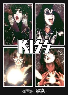 the kiss band poster is shown in four different pictures, including one with white makeup