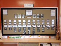 a bulletin board with pictures and numbers on it
