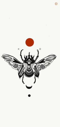 a black and white drawing of a bee with an orange dot in the middle of its body