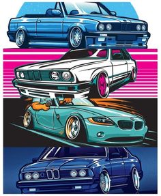 three different colored cars are shown side by side in this graphic art print, one is blue and the other is white