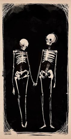 two skeletons standing next to each other holding hands