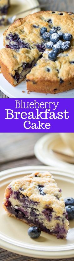 blueberry breakfast cake on a plate with one slice cut out and the other half eaten