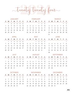 a calendar with the word twenty twenty forty four on it, in pink and white