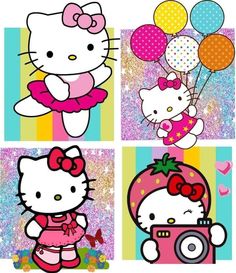 four hello kitty pictures with balloons, one is holding a camera
