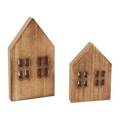 two wooden houses are shown on a white background