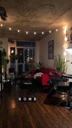 a living room filled with furniture and lights